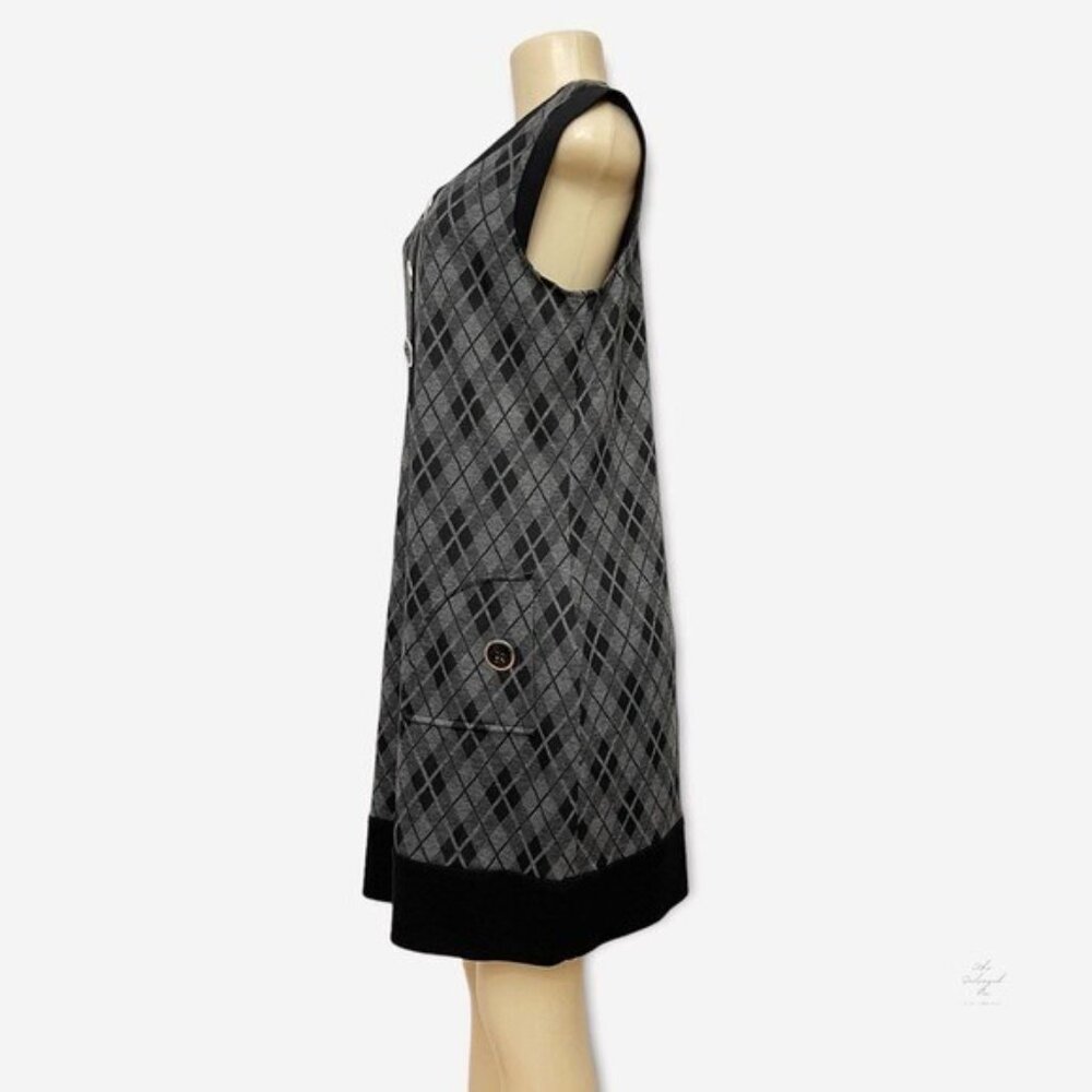 Nine West Sleeveless Gray Plaid Dress Black Short Sheath Big Buttons Pockets 12 - Picture 2 of 10